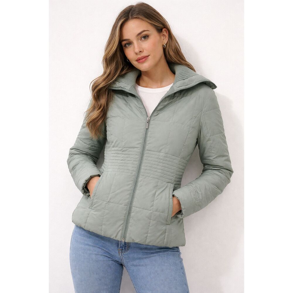 Vintage Y2K Sage Quilted Puffer Jacket XOXO Ribbed Collar Womens MED Down Fill